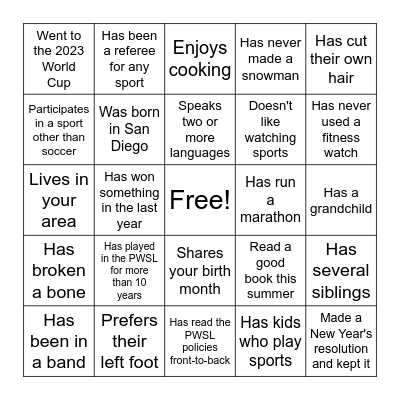 PWSL Manager Bingo: Find someone who... Bingo Card
