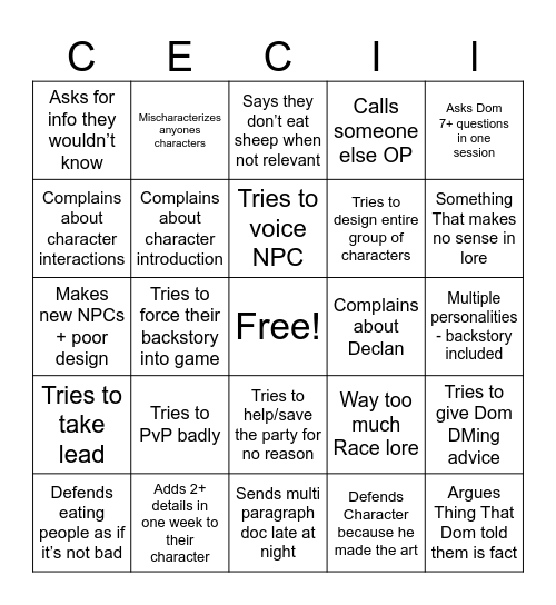Cecil Bingo Card