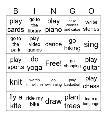 Free Time Activites Bingo Card