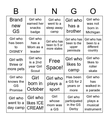 Girl Scout (GS) get to know you BINGO Card