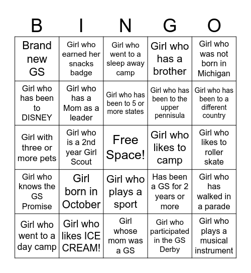Girl Scout (GS) get to know you BINGO Card