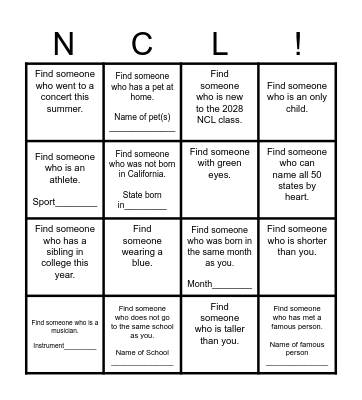 NCL 2028 Class Bingo Card