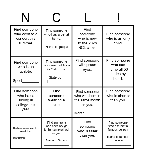 NCL 2028 Class Bingo Card
