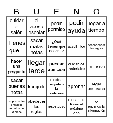 Spanish 2 U1Q3 Bingo Card