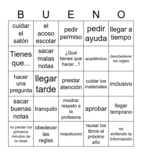 Spanish 2 U1Q3 Bingo Card