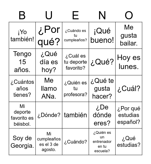 Spanish 1 U1Q3 Bingo Card