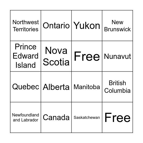 Canada capitals Bingo Card