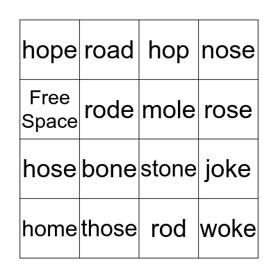 Long O Bingo Card