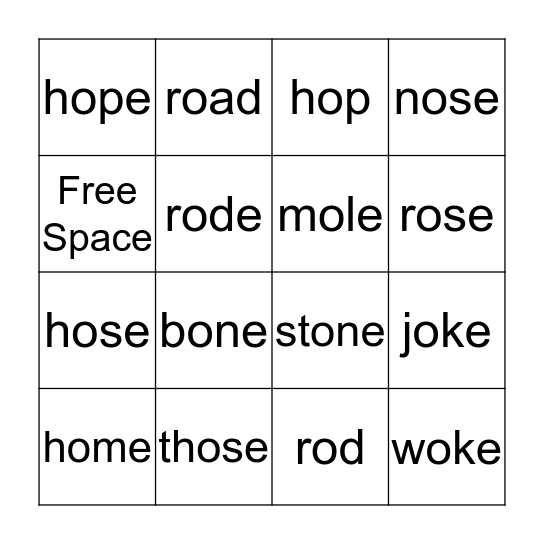 Long O Bingo Card