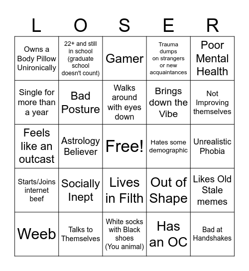 Real Loser Bingo Card