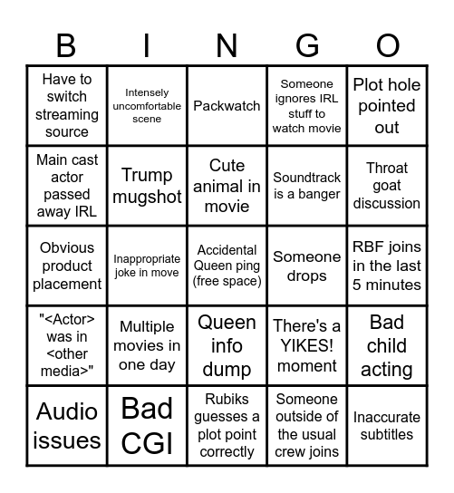 Movie Night Bingo Card