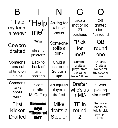 Rhino Fantasy Football Bingo Card