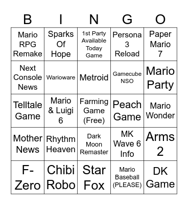September 2023 Nintendo Direct Bingo Card