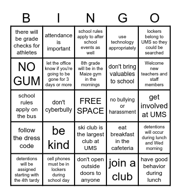 Mr. Mandarino's Welcome Message Bingo Card