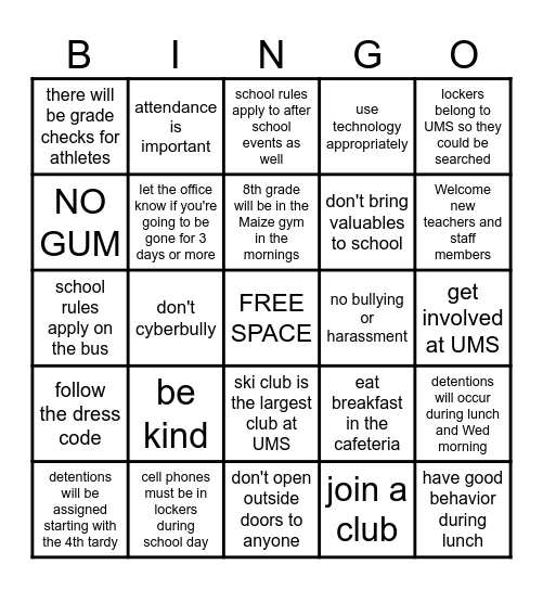 Mr. Mandarino's Welcome Message Bingo Card