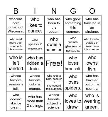 Beginning of the Year Find Someone... Bingo Card