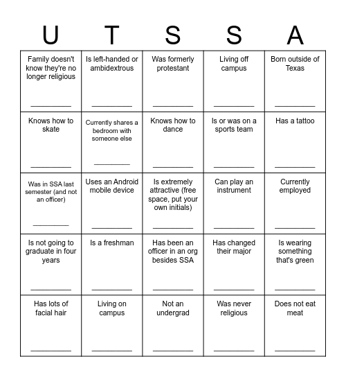 SSA Intro Bingo Card