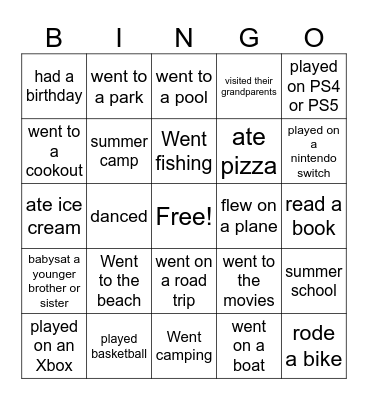 How was your summer? Bingo Card