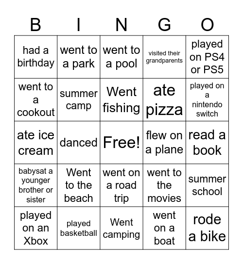 How was your summer? Bingo Card