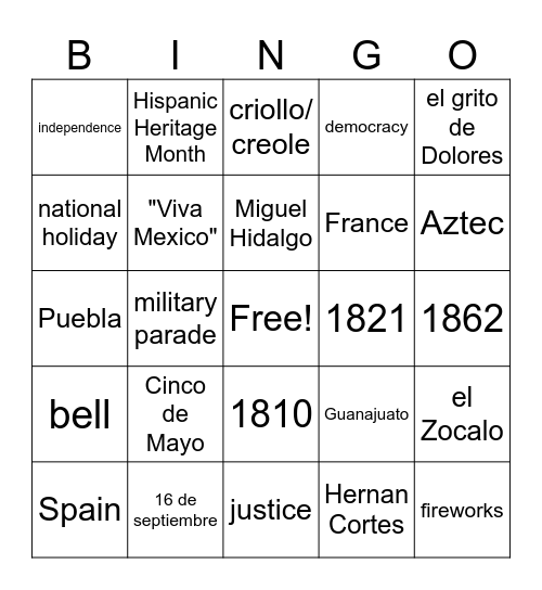 Hispanic Heritage Month Bingo Card