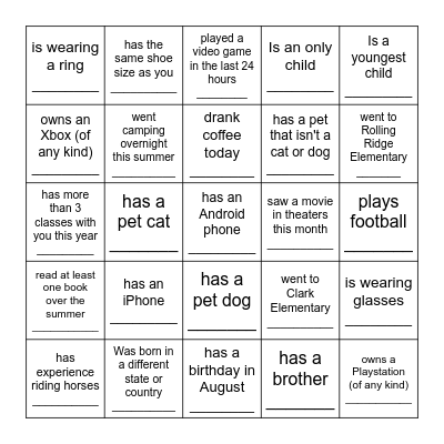 Get to Know Your Classmates Bingo Card