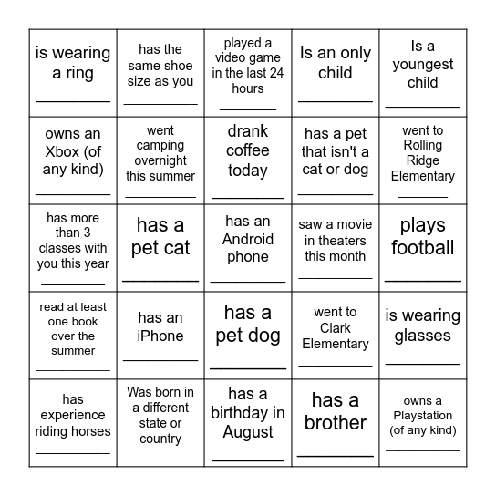 Get to Know Your Classmates Bingo Card