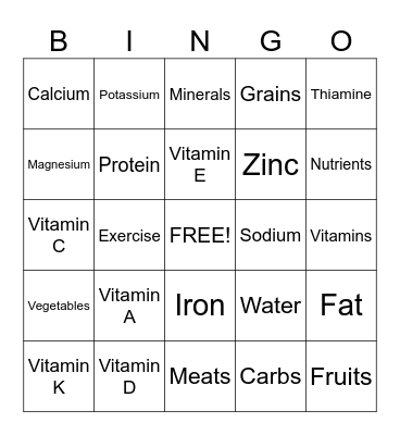 Vitamins & Minerals Bingo Card