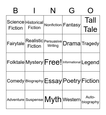 Genre and Subgenre Fun! Bingo Card