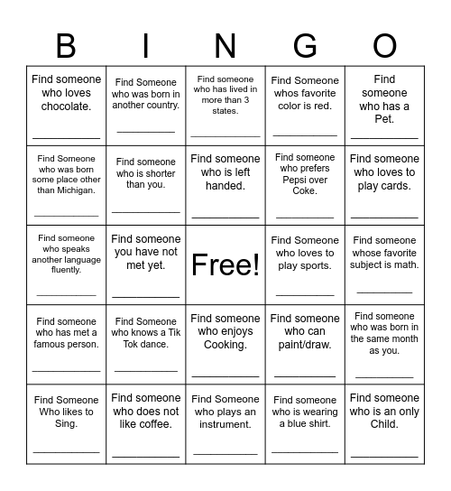 Find Someone Who Bingo Card