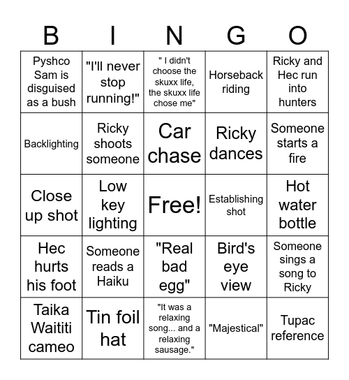 Hunt for the Wilderpeople Bingo Card