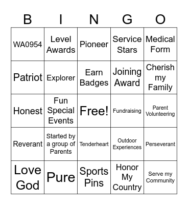 AHG Troop WA0954 Info Night Bingo Card