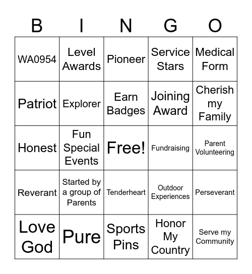 AHG Troop WA0954 Info Night Bingo Card