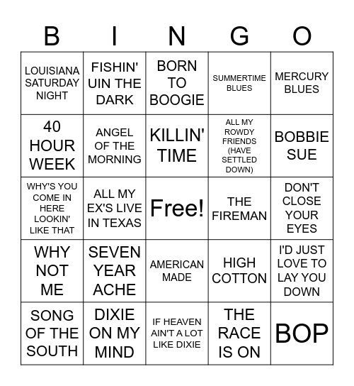 80'S COUNTRY Bingo Card