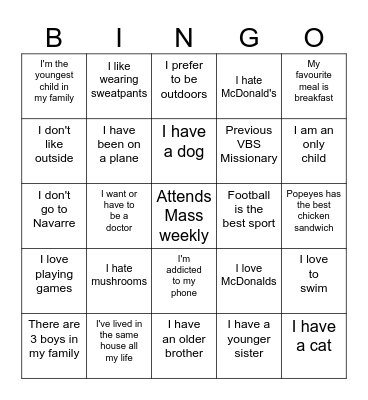 Ice breaker Bingo Card