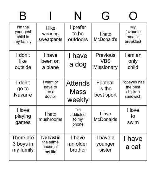 Ice breaker Bingo Card