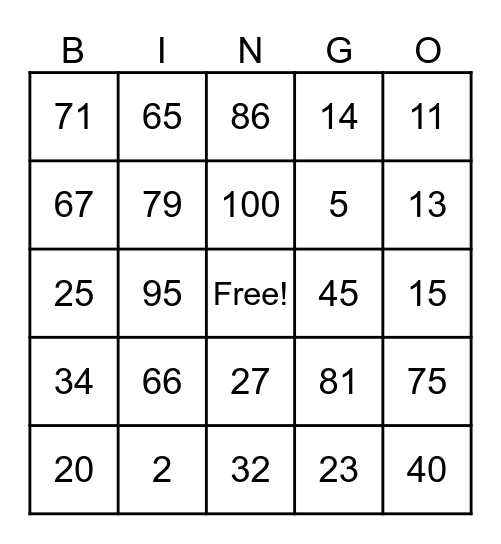Number Bingo Card