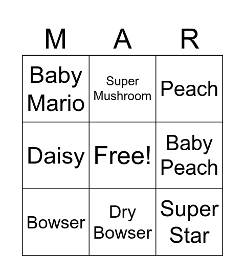 Mario Stuff Bingo Card