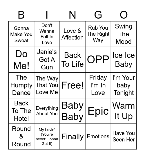 90s Hits Bingo Card