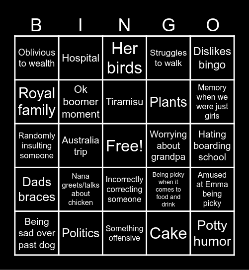 Nana Conversations Bingo Board Bingo Card