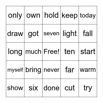 Dolch Sight Words Bingo Card
