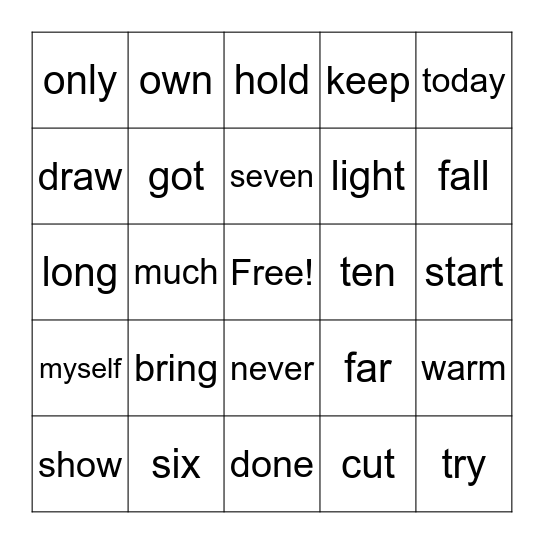 Dolch Sight Words Bingo Card
