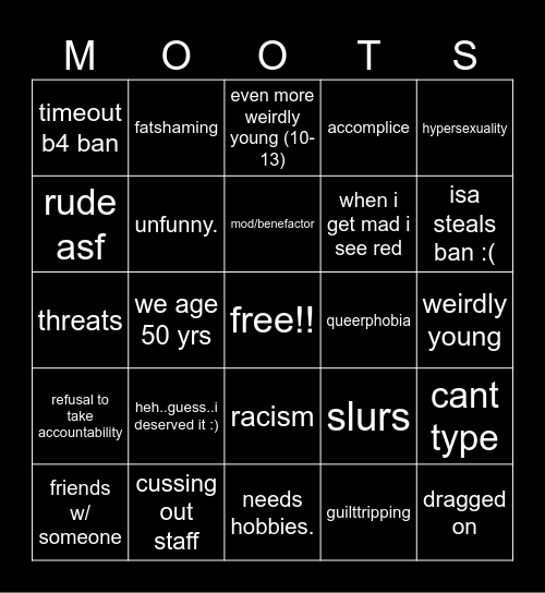 Mooties!! admin team bingo: banning edition Bingo Card