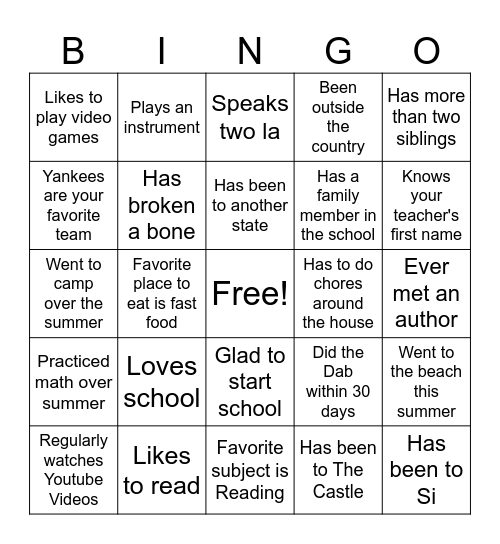 First Day of School Bingo Card