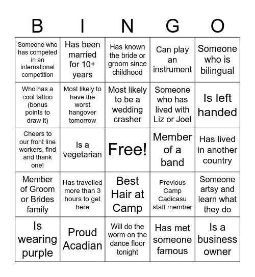 Liz and Joel's Bingo Bonanza! Bingo Card