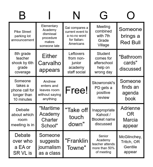 2023-2024 8th Grade Village Meetings Bingo Card