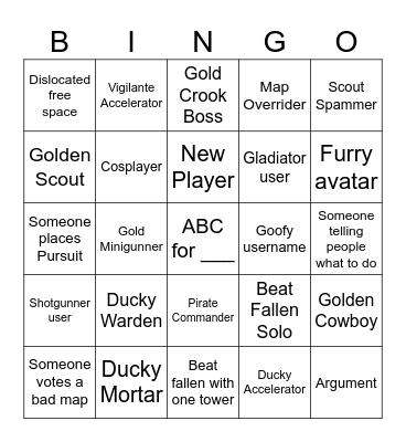 TDS Bingo (Roblox Tower Defense Simulator) Bingo Card