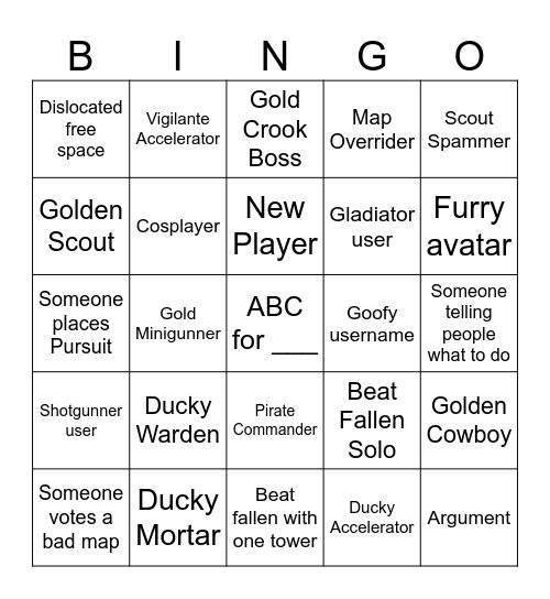 Tower Defense Simulator Bingo Card