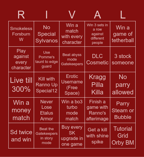 Rivals Challenge Mode Bingo Card