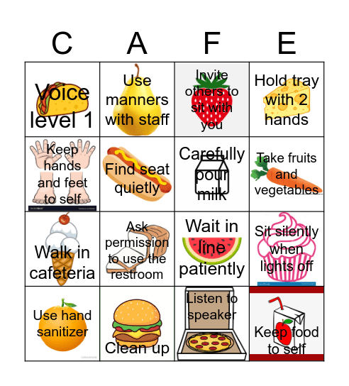 Cafeteria Bingo Card