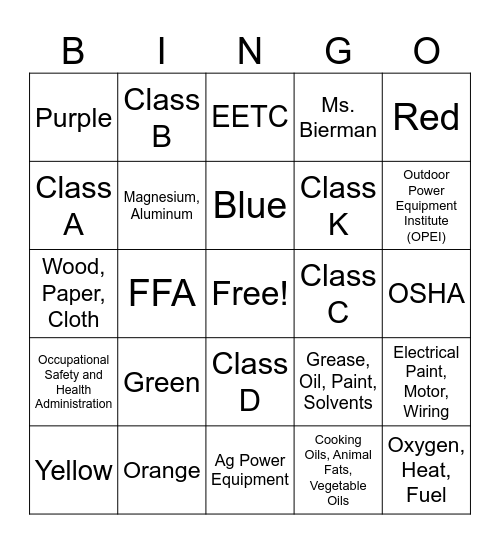 Safety - Colors & Fire Extinguishers Bingo Card